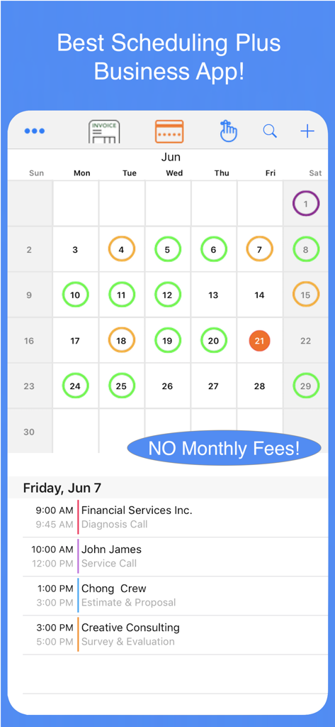 Interfaz de la aplicación Scheduler Calendar que muestra vistas mensuales y citas de negocios diarias