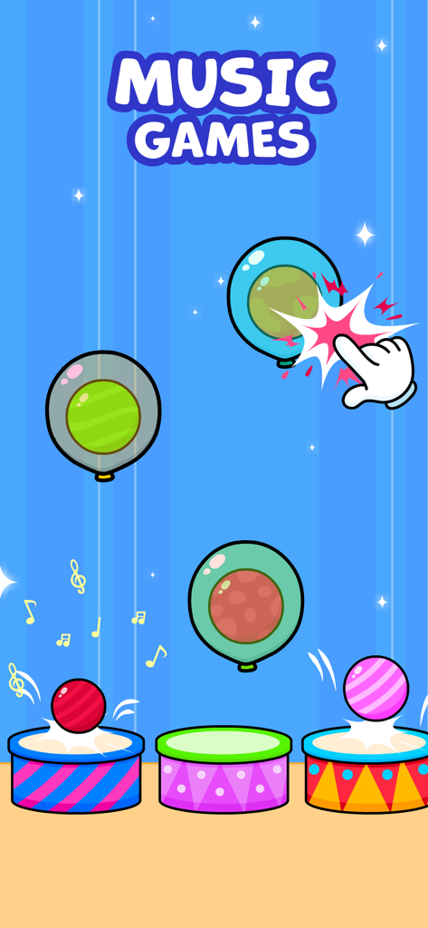 Music game for kids with popping balloons and drums