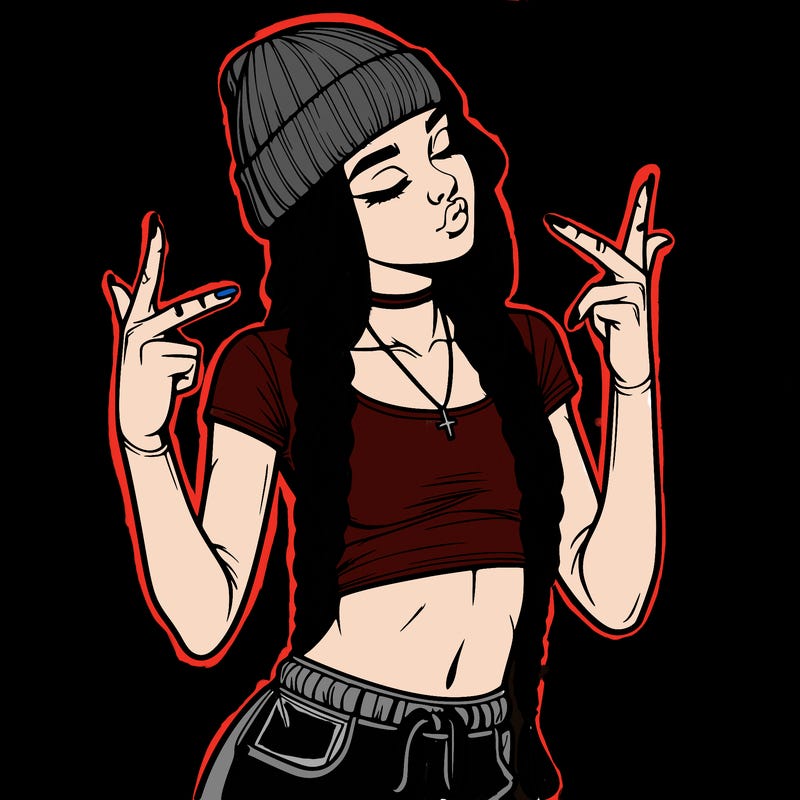 realistic teenage girl with braids and a beanie and crop top doing 🫶🏼