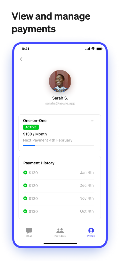 Newie - Newie app interface for viewing active subscriptions and payment history