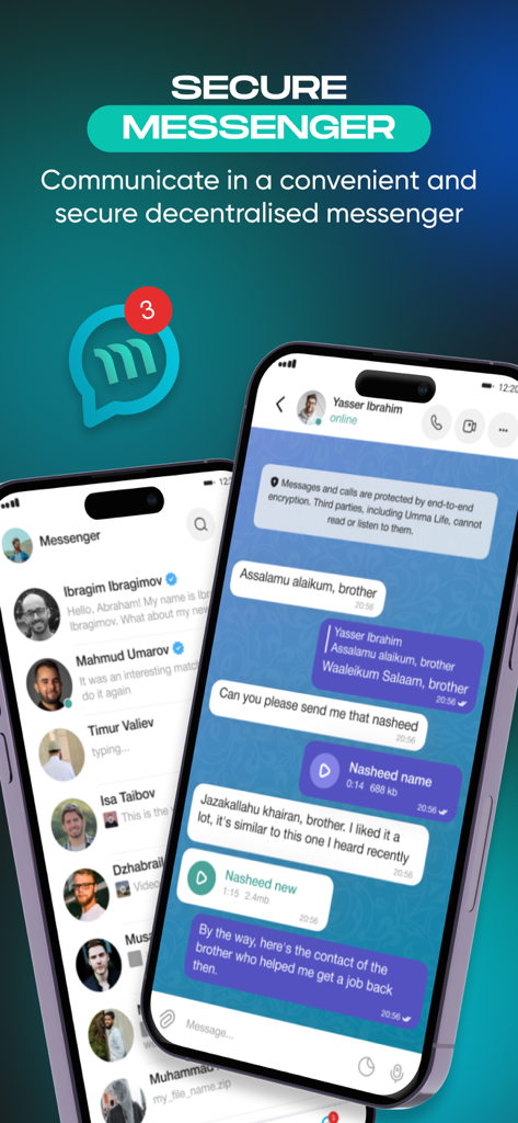 Interfaccia del messenger sicuro per il social network islamico Umma Life che mostra una conversazione di chat crittografata.