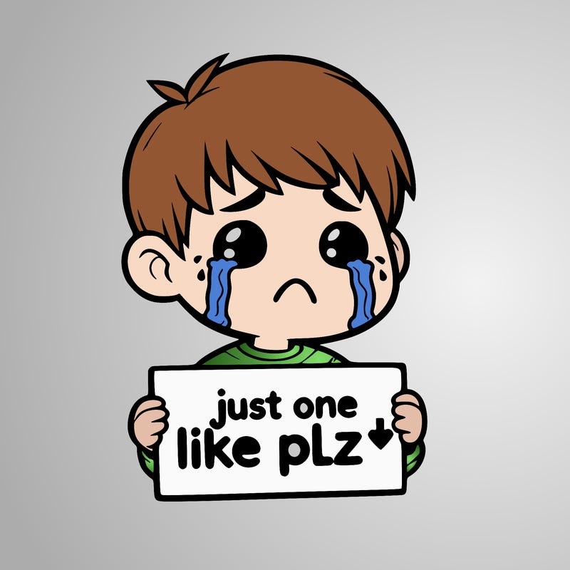 realistic crying boy with a sign saying just one like plz