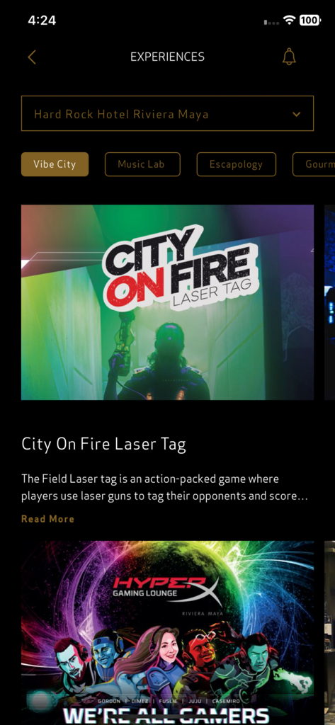 PAM Hotels - Pantalla de la app de PAM Hotels mostrando experiencias disponibles en el resort como laser tag y un salón de juegos.