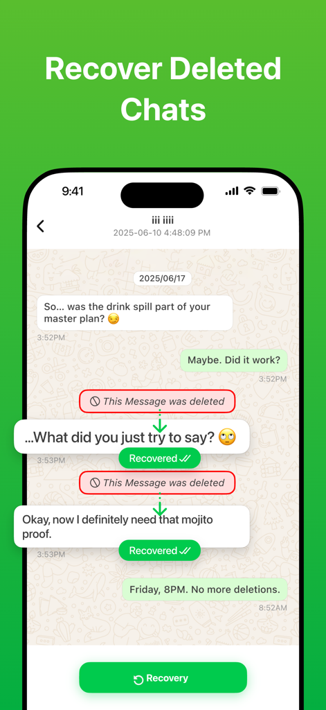 Messages Recovery - ReChat - Mobile app interface showing a chat conversation with successfully recovered deleted WhatsApp messages
