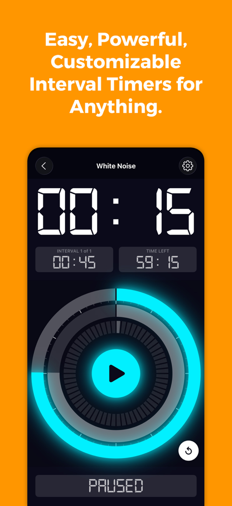 BeepWatch Interval Timer - BeepWatch interval timer app interface showing a high-contrast digital clock and neon blue circular progress ring