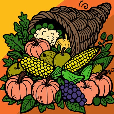 a cornucopia spilling out autumn fruit%2c vegetable