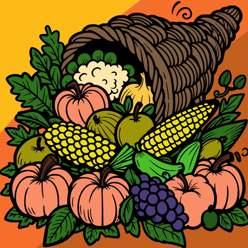 a cornucopia spilling out autumn fruit%2c vegetable