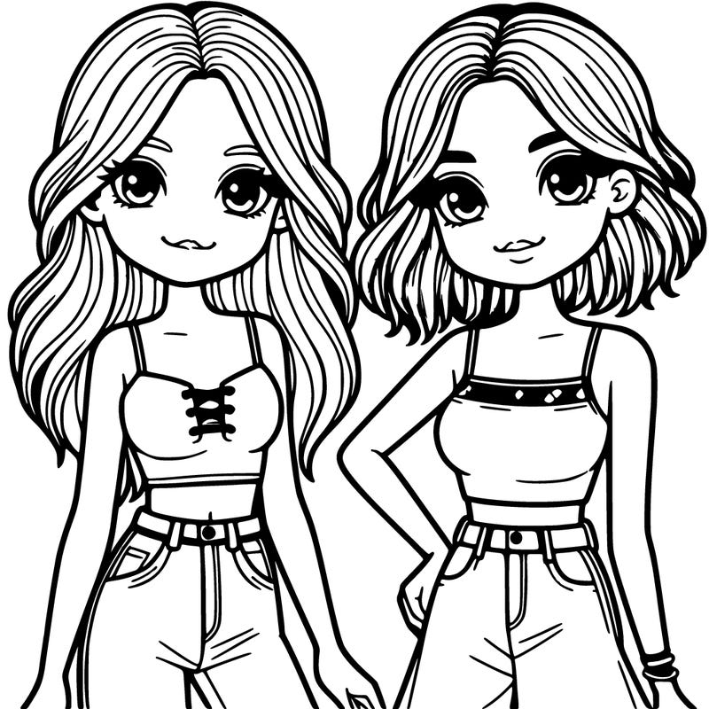 2 girls one with long hair a crop top and jeans and the other with medium hair a tank top anda skirt