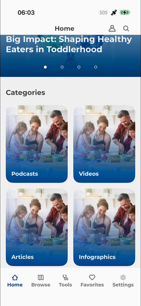 NNI365 - La schermata principale dell'app NNI365 con categorie di risorse per podcast, video e articoli medici