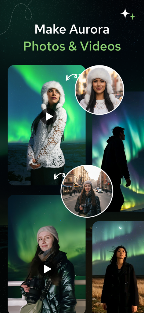 Aurora Forecast - Aurora Track - App screen showing how to create photos and videos with aurora borealis backgrounds