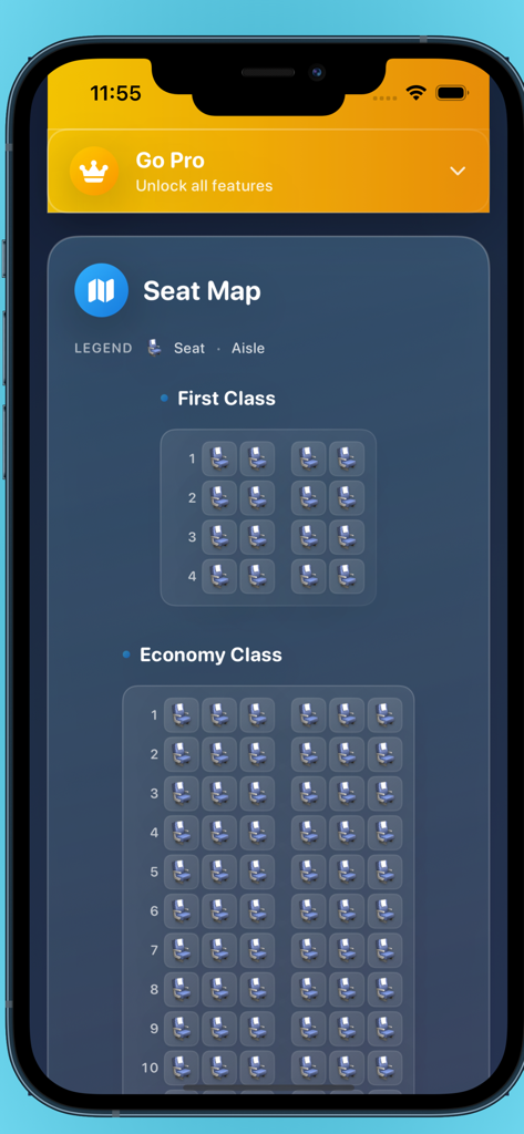 A mobile app interface displaying a detailed aircraft seat map with first class and economy sections.