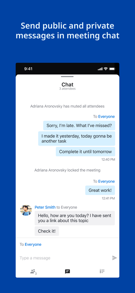 Online Meeting & Conferencing - Mobile screen showing the in-meeting chat feature for public and private messaging during a professional conference