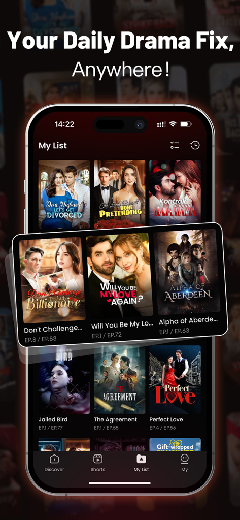 GoodShort - Short Dramas Hub - GoodShort App-Oberfläche zeigt einen personalisierten Bereich 'Meine Liste' mit verschiedenen Kurz-Drama-Titeln und Covers auf einem Mobiltelefon