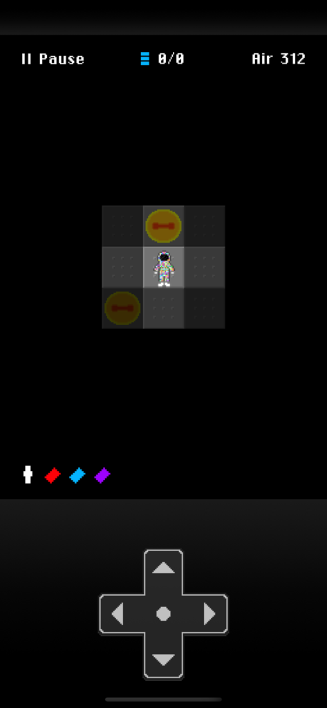 Hazmat Hijinks™ - Hazmat Hijinks のピクセルアートゲームプレイ画面。多色のスーツを着たキャラクターとデジタル Dパッドコントローラーが表示されている。