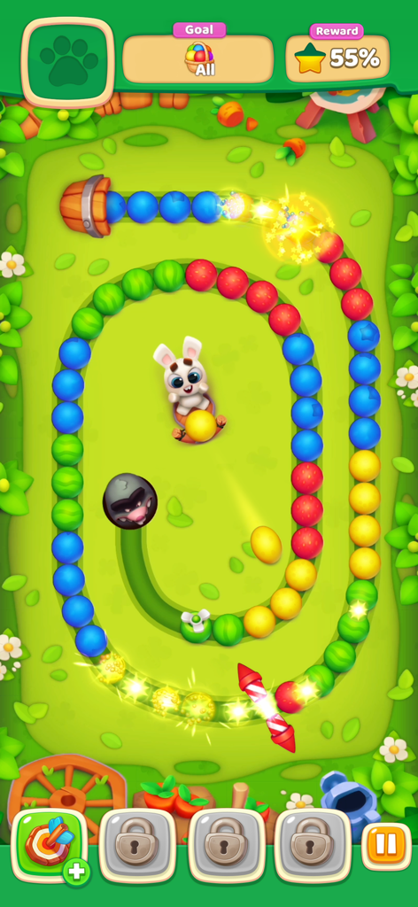 Bunny Boom - Bunny Boom gameplay showing a rabbit shooting colorful berries along a winding path with a rocket booster explosion.