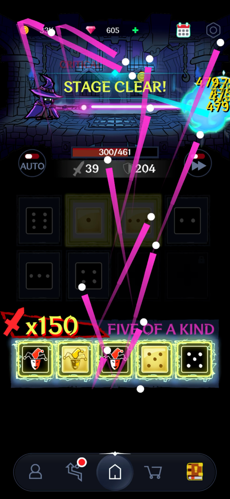 Dark Tap Dice - Juego de Dark Tap Dice mostrando una mano de cinco iguales con comodines y dados dorados en un entorno de mazmorra oscura.