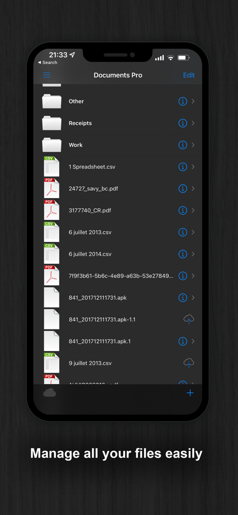 フォルダと、ダークモードテーマのPDFやCSVなどのさまざまなファイルタイプが表示されるモバイルファイルマネージャーインターフェイス。