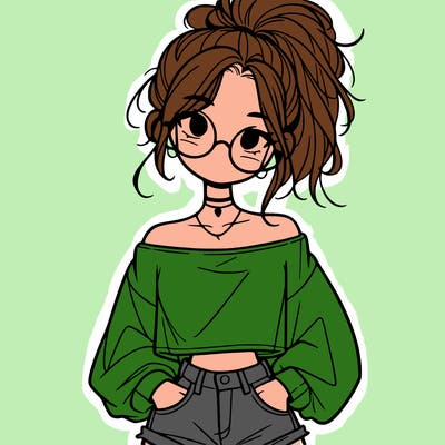 girl with a messy ponytail glasses a baggy crop top and jean shorts