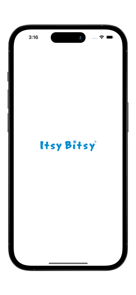 Itsy Bitsy app splash screen featuring the blue brand logo on a white background