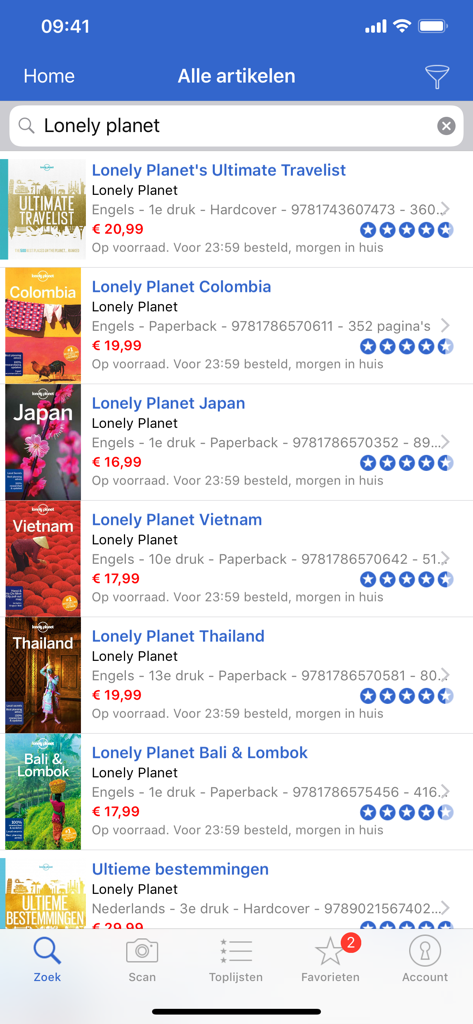 Zoek & Scan-app voor bol.com - bol.com용 검색 및 스캔 앱에서 Lonely Planet 여행 가이드 검색 결과, 가격 및 평가 표시.