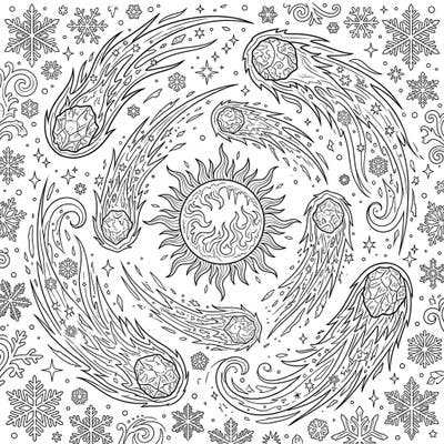 Journey through a frosty galaxy with this intricate winter comet patterns coloring page. Featuring celestial bodies, a radiant sun, and a flurry of snowflakes, it's a perfect blend of cosmic wonder and seasonal charm for your next coloring project.
