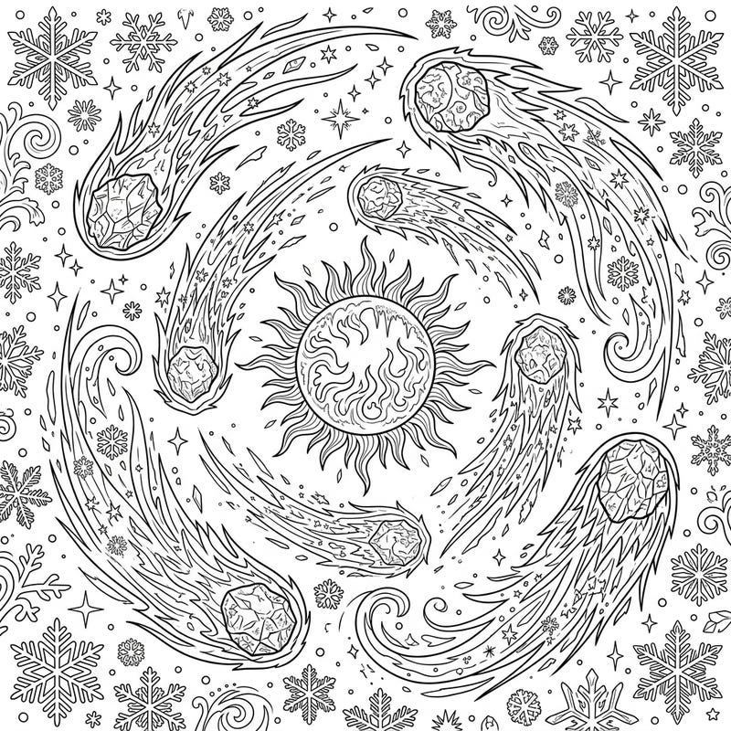 Journey through a frosty galaxy with this intricate winter comet patterns coloring page. Featuring celestial bodies, a radiant sun, and a flurry of snowflakes, it's a perfect blend of cosmic wonder and seasonal charm for your next coloring project.