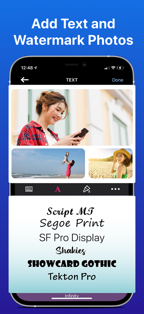 PicMerger Edit Pics & Collages - Interface of PicMerger showing how to add custom text and watermarks to photo collages using various font styles
