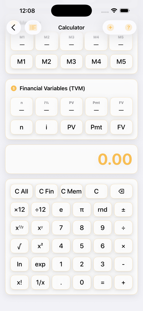 Advanced financial calculator screen with TVM variables and numeric keypad