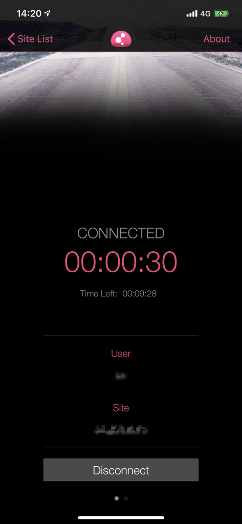 Tela mostrando uma conexão VPN ativa no aplicativo Check Point Capsule Connect com um cronômetro de conexão e botão de desconexão