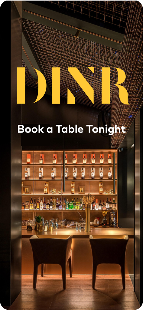An upscale restaurant bar with the DINR logo and the text Book a Table Tonight