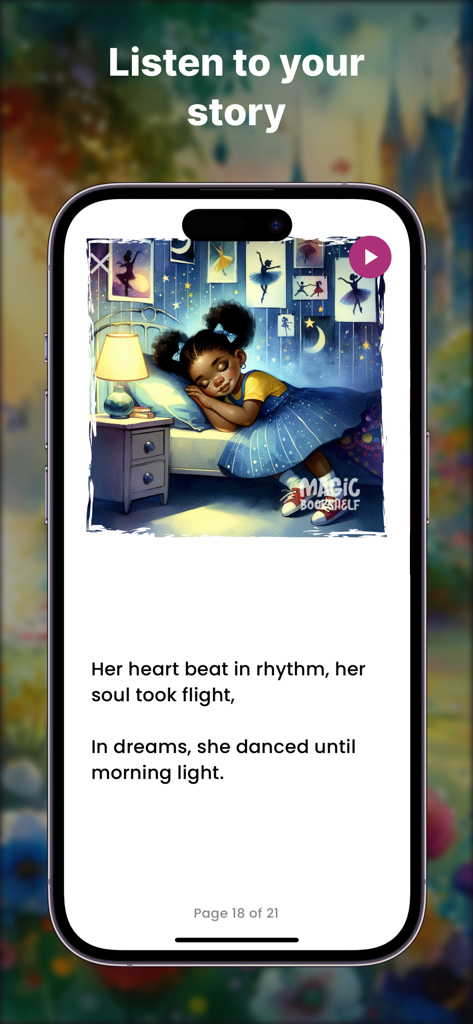 Magic Bookshelf: AI Stories - Magic Bookshelf app interface displaying a personalized children story with AI narration and custom illustrations