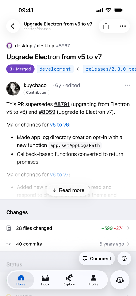 Merged pull request view on the GitHub mobile app showing repository details and code changes.