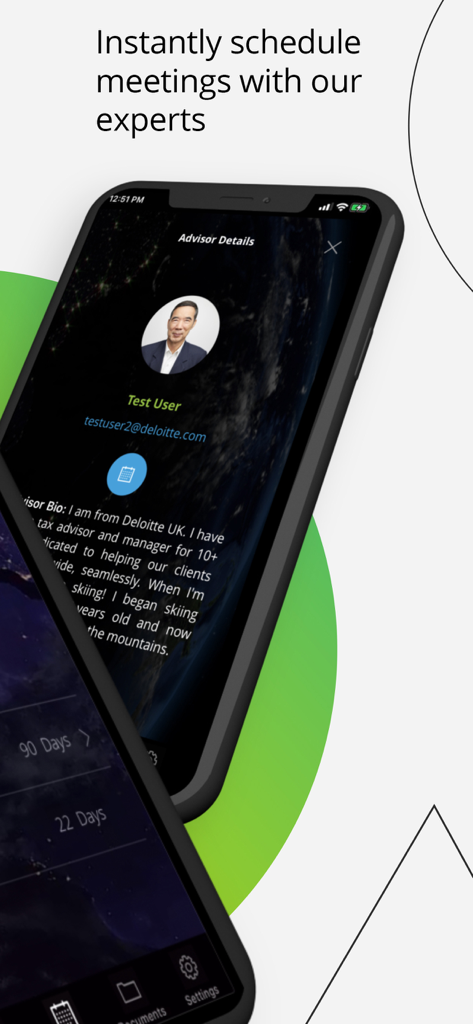 Interface de l'application GlobalAdvantage pour planifier des réunions avec des experts fiscaux de Deloitte