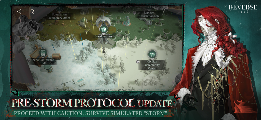 A strategic map interface in Reverse 1999 featuring locations like Headquarters and a red-haired character in high-fashion attire.