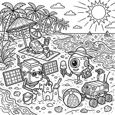 Get ready for an out-of-this-world summer adventure with this delightful coloring page featuring space probes enjoying a beach vacation! Watch as these clever robots relax, build sandcastles, and savor ice cream under the warm sun.