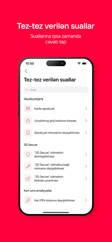 Birbank mobile banking app FAQ interface displaying support categories for registration and security.