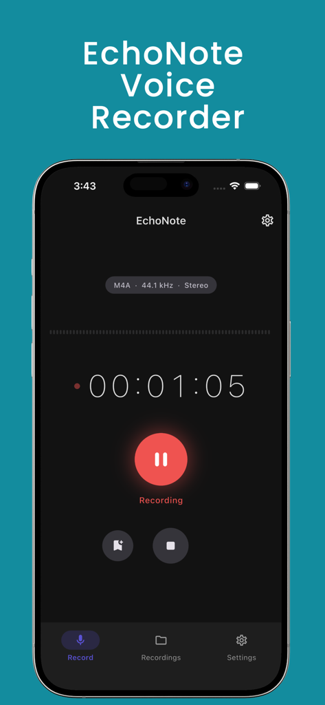EchoNote voice recorder app interface showing a live recording timer and pause button.