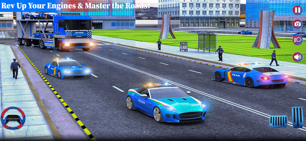Police Car Transporter Game 3D - Blue police cars and a transport truck on a city road in a 3D driving simulator game.