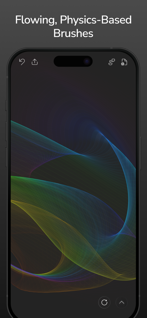 Flowpaper app interface showing colorful fluid physics-based brush strokes on a dark screen