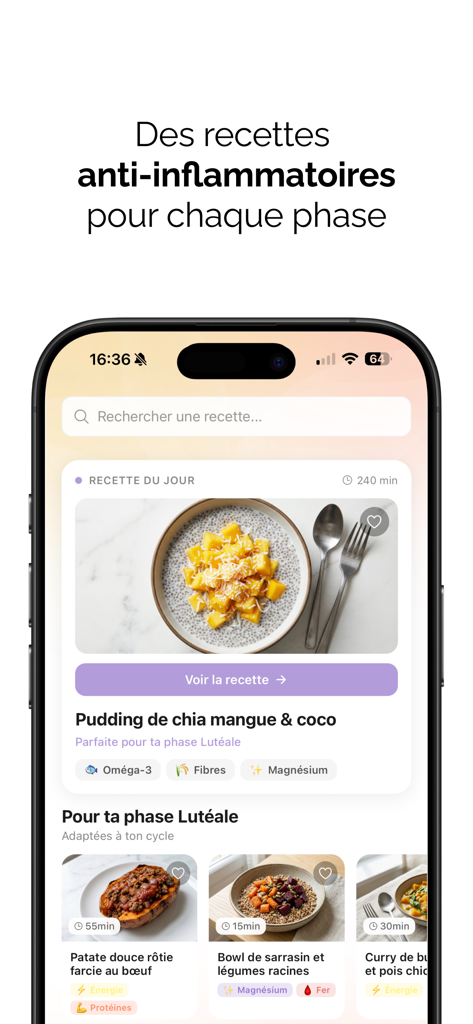 Solaia: Équilibre hormonal - Solaia app interface showing anti-inflammatory recipes tailored for different hormonal cycle phases