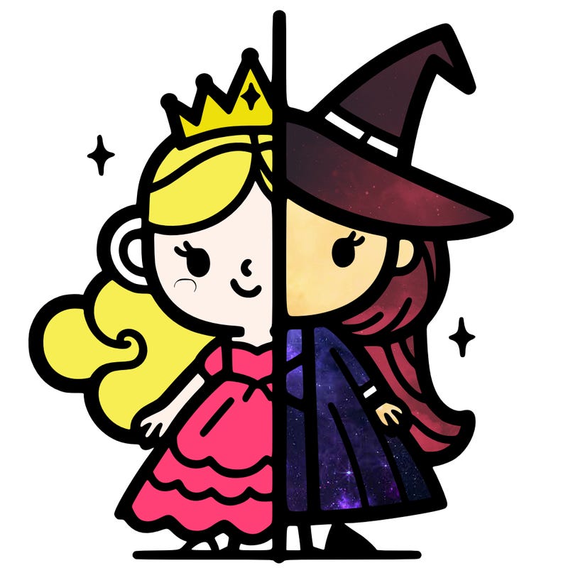 detailed split of a princess and a witch