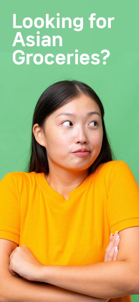 GalleriaSM - Una donna con una maglietta gialla che guarda di lato su uno sfondo verde con la scritta Looking for Asian Groceries