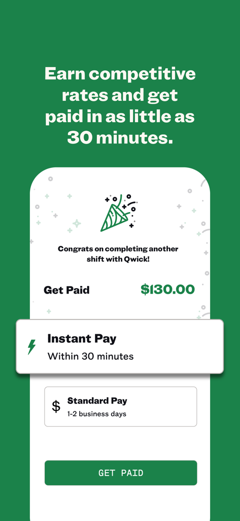 Qwick for Professionals - A mobile screen from the Qwick app showing the instant pay feature for hospitality professionals