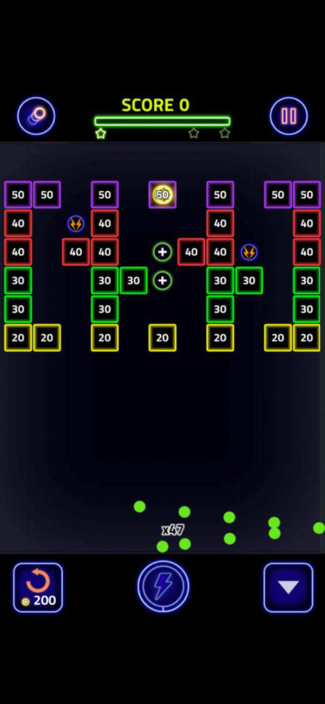 Juego Brick Breaker Glow con bloques de colores neón y bolas verdes sobre un fondo oscuro