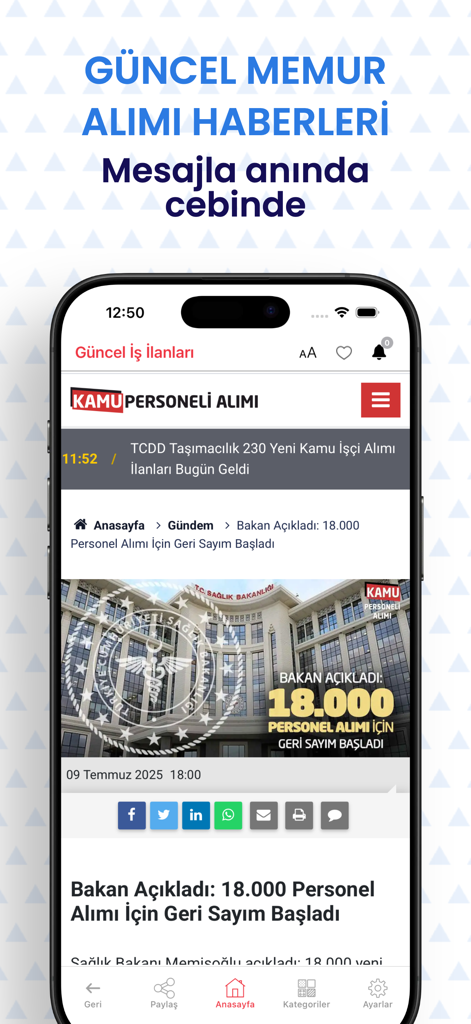 Kamu Personeli Alımı - 터키 공공 부문 18,000명 채용 소식 업데이트를 보여주는 Kamu Personeli Alimi의 모바일 앱 인터페이스