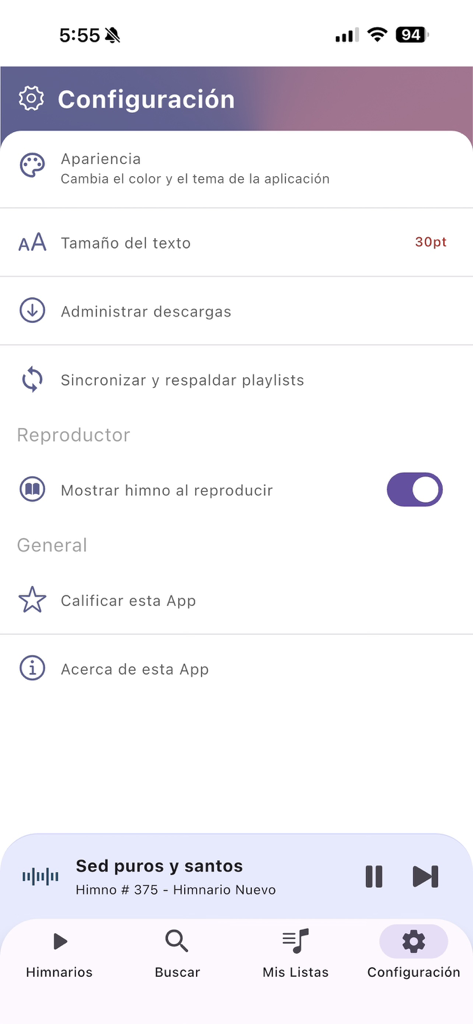 Himnario Adventista Completo - Settings interface of the Himnario Adventista Completo app showing options for appearance, text size, and playlist synchronization.