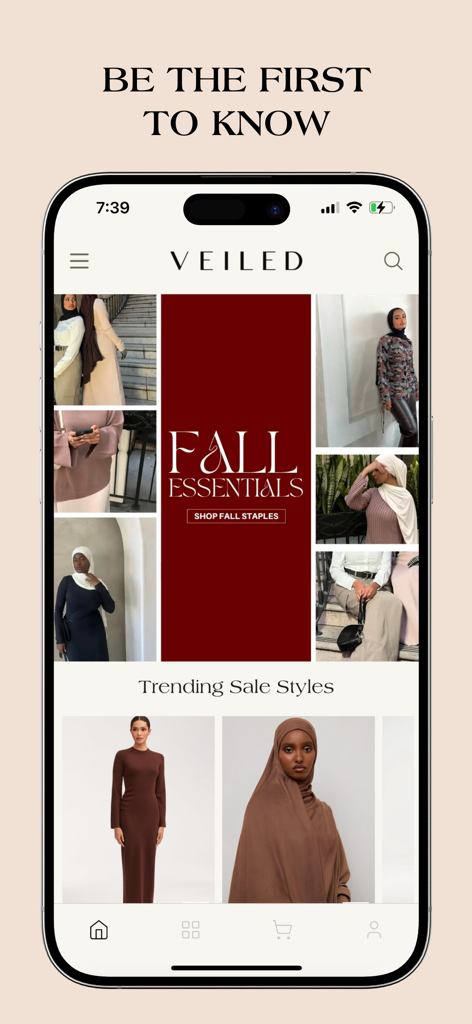 Veiled App Startbildschirm, der die Herbst-Essentials-Kollektion und angesagte Modest-Fashion-Stile anzeigt.