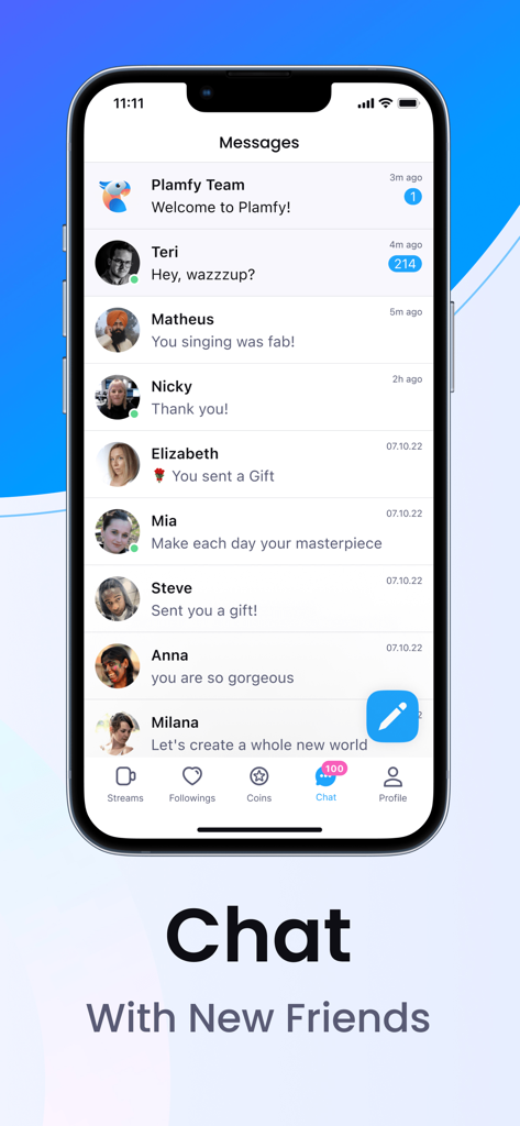 Plamfy: Watch Streams&Go Live - Plamfy app messages screen showing social chat conversations and gift notifications