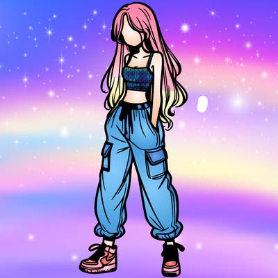 girl in baggy pants crop top and long hair