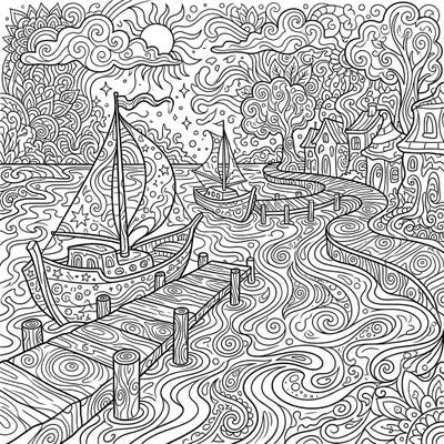 Journey into a mesmerizing world with this psychedelic river docks coloring page, where every line twists and turns in a captivating dance. Perfect for unleashing your creativity and escaping into a vibrant, trippy scene.